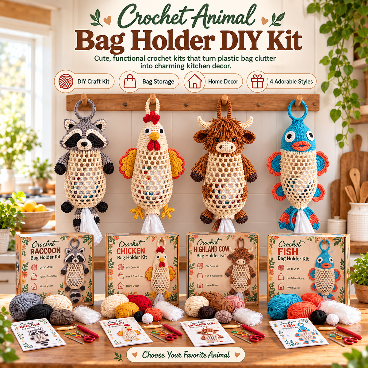 🔥Last Day 50% OFF - Crochet Animal Bag Holder DIY Kit – Cute & Functional Hanging Storage Craft Kit(📦Buy 2 Free Shipping)